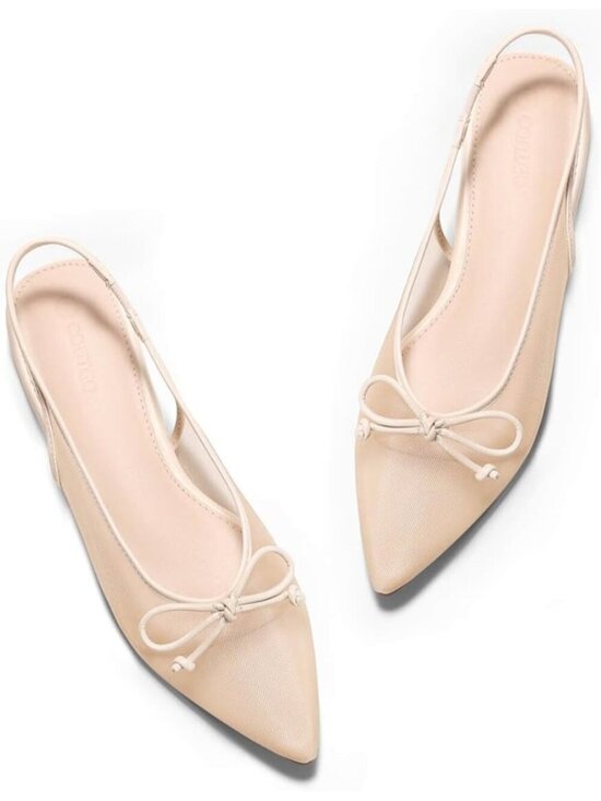 Shoes - Women's Khaki Slingback Flats Bow Closed Pointed Toe Mesh Ballet Flats Low Heel